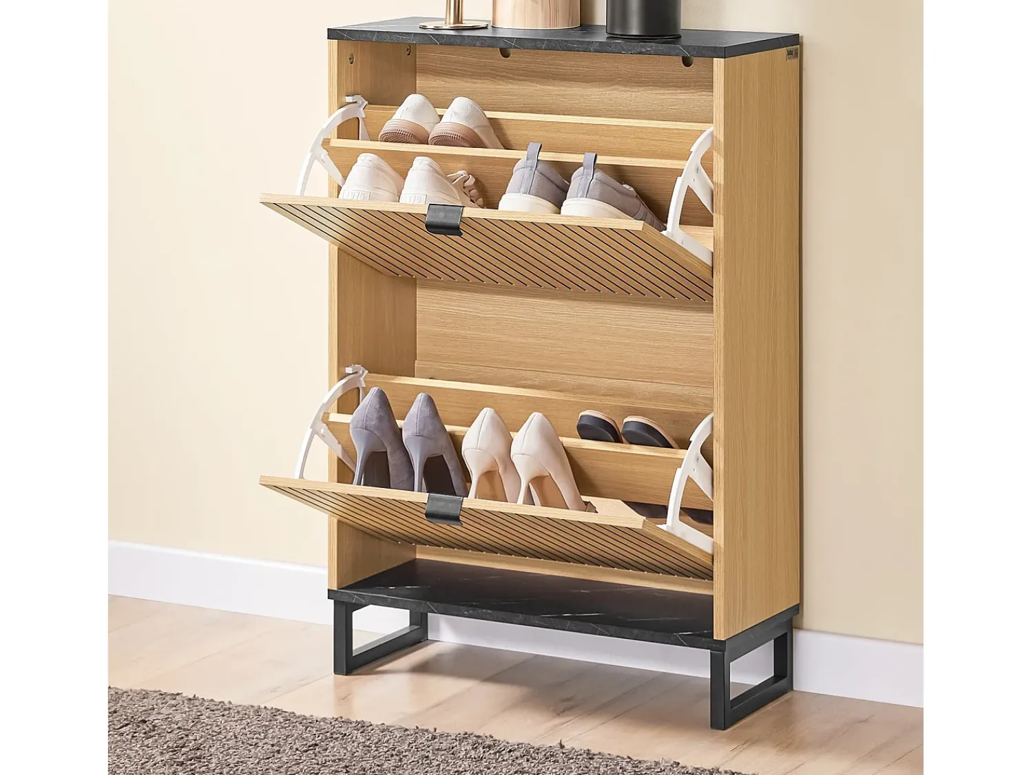 Sobuy Sapateira Slim 2 portas poupa espaço moderna para 8-12 pares estrutura resistente efeito mármore e madeira clara 60x24x88cm^ Móvel De Arrumação|Sapateira