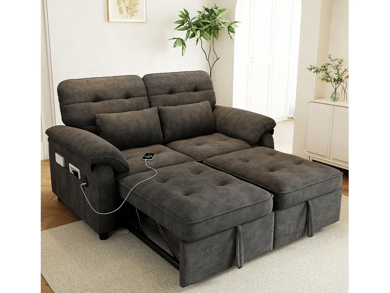 ModernLuxe Sofá 3 em 1 - 2 lugares - Sofá dobrável - Encosto ajustável - Porta de carregamento USB - Inclui 2 almofadas - Chenille - cinza^ Sofá