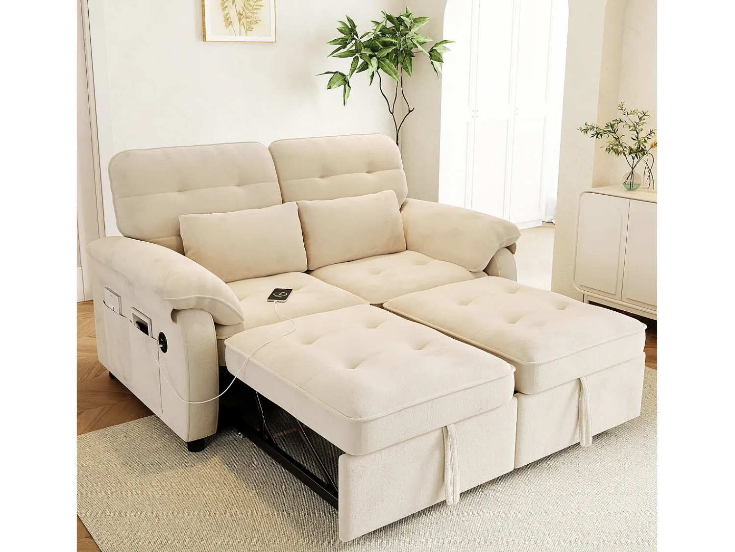 Sofá|ModernLuxe Sofá 3 em 1 - 2 lugares - Sofá dobrável - Encosto ajustável - Porta de carregamento USB - Inclui 2 almofadas - Chenille - Bege