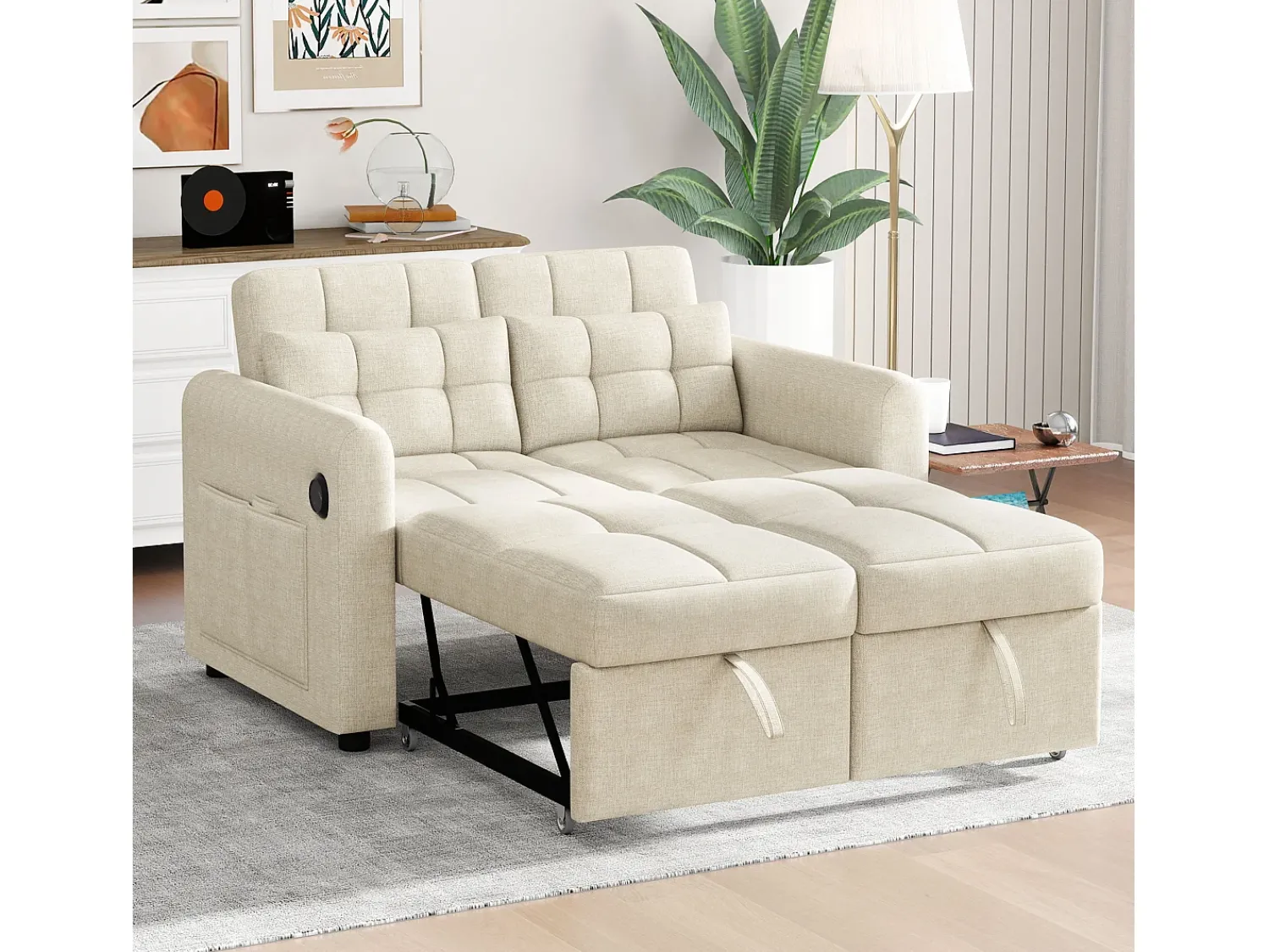 Sofá*ModernLuxe Sofá 3 em 1 - Sofá de 2 lugares - Encosto ajustável - Com porta USB - Bolsos nos braços + Almofadas - Bege