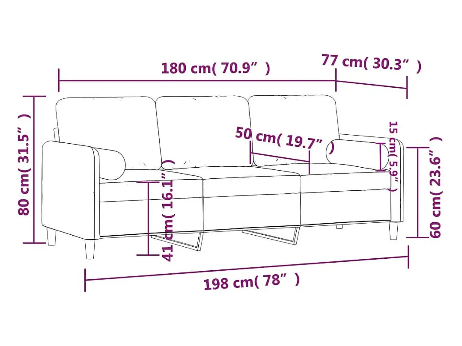 vidaxl Sofá 3 lug. + almofadas decorativas 180cm veludo tinto^ Sofá