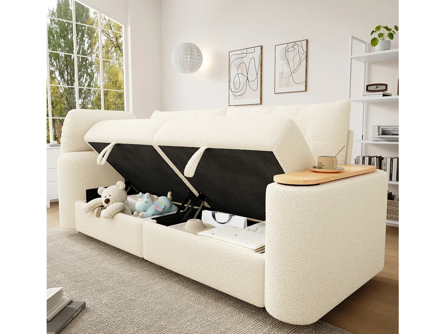 Sofá|ModernLuxe Sofá 3 lugares - con espaço de armazenamento - con apoio de cabeça e mesinha lateral integrada - Bege