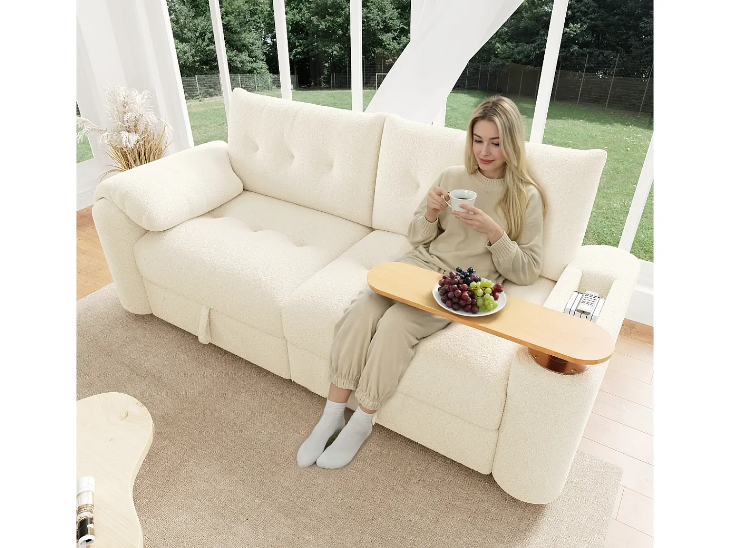 Sofá|ModernLuxe Sofá 3 lugares - con espaço de armazenamento - con apoio de cabeça e mesinha lateral integrada - Bege
