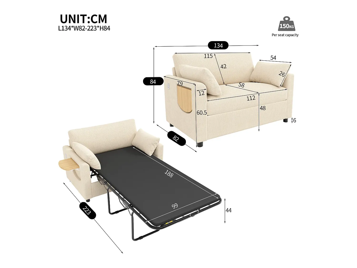 ModernLuxe Sofá 2 lugares - con porta USB - con mesinha auxiliar dobrável - con 2 almofadas - veludo canelado -^ Sofá