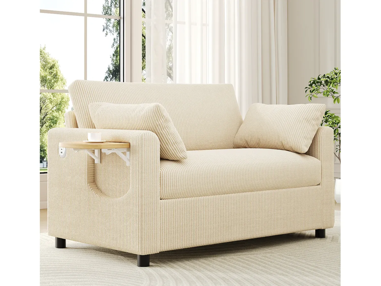 ModernLuxe Sofá 2 lugares - con porta USB - con mesinha auxiliar dobrável - con 2 almofadas - veludo canelado -^ Sofá