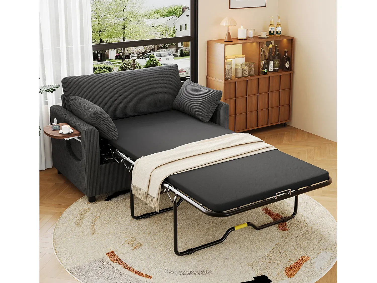 ModernLuxe Sofá 2 lugares - con porta USB - con mesinha auxiliar dobrável - con 2 almofadas - veludo canelado - cinza^ Sofá