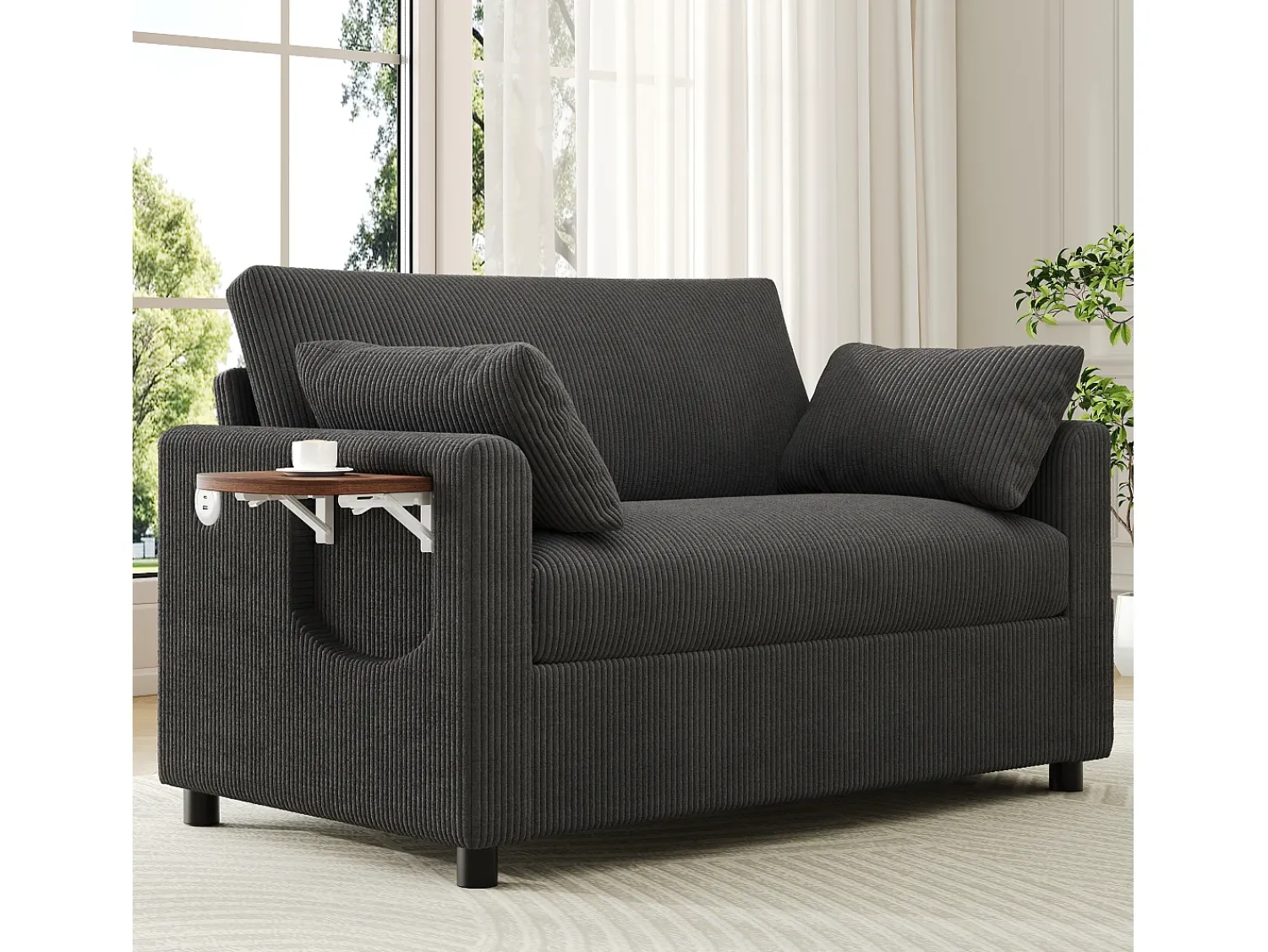 ModernLuxe Sofá 2 lugares - con porta USB - con mesinha auxiliar dobrável - con 2 almofadas - veludo canelado - cinza^ Sofá
