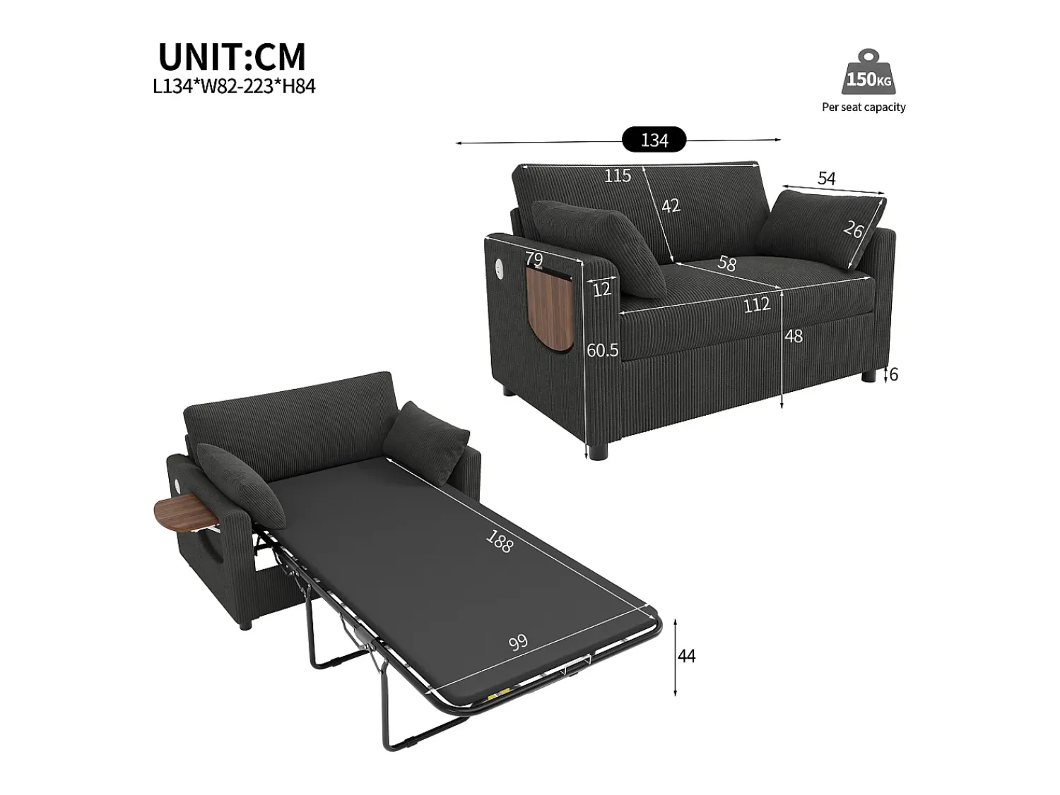 ModernLuxe Sofá 2 lugares - con porta USB - con mesinha auxiliar dobrável - con 2 almofadas - veludo canelado - cinza^ Sofá