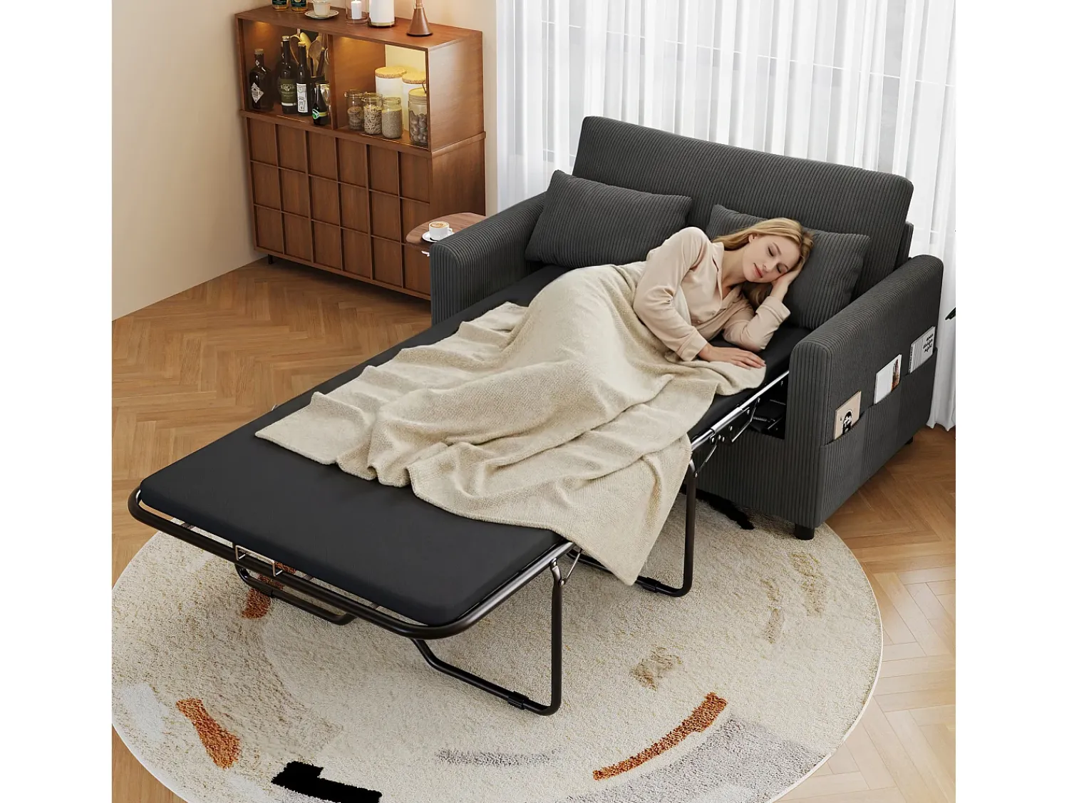 ModernLuxe Sofá 2 lugares - con porta USB - con mesinha auxiliar dobrável - con 2 almofadas - veludo canelado - cinza^ Sofá