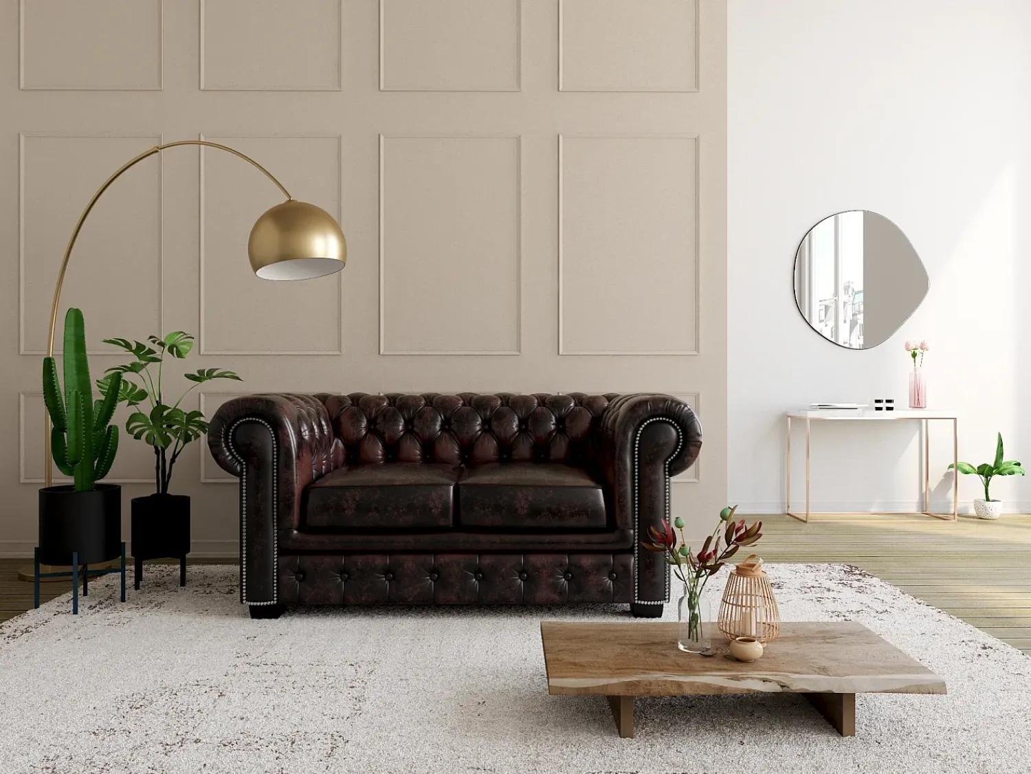 New LINEA SOFA Sofá 2 lugares 100% pele de búfalo Castanho estilo chesterfield - BRENTON Castanho chocolate