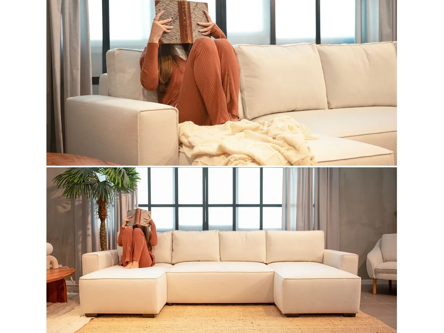 Sofá* Sofá 5 lugares - chaise avec cama panorâmica (317 x 157 x 91 cm) - JORDAN Bege