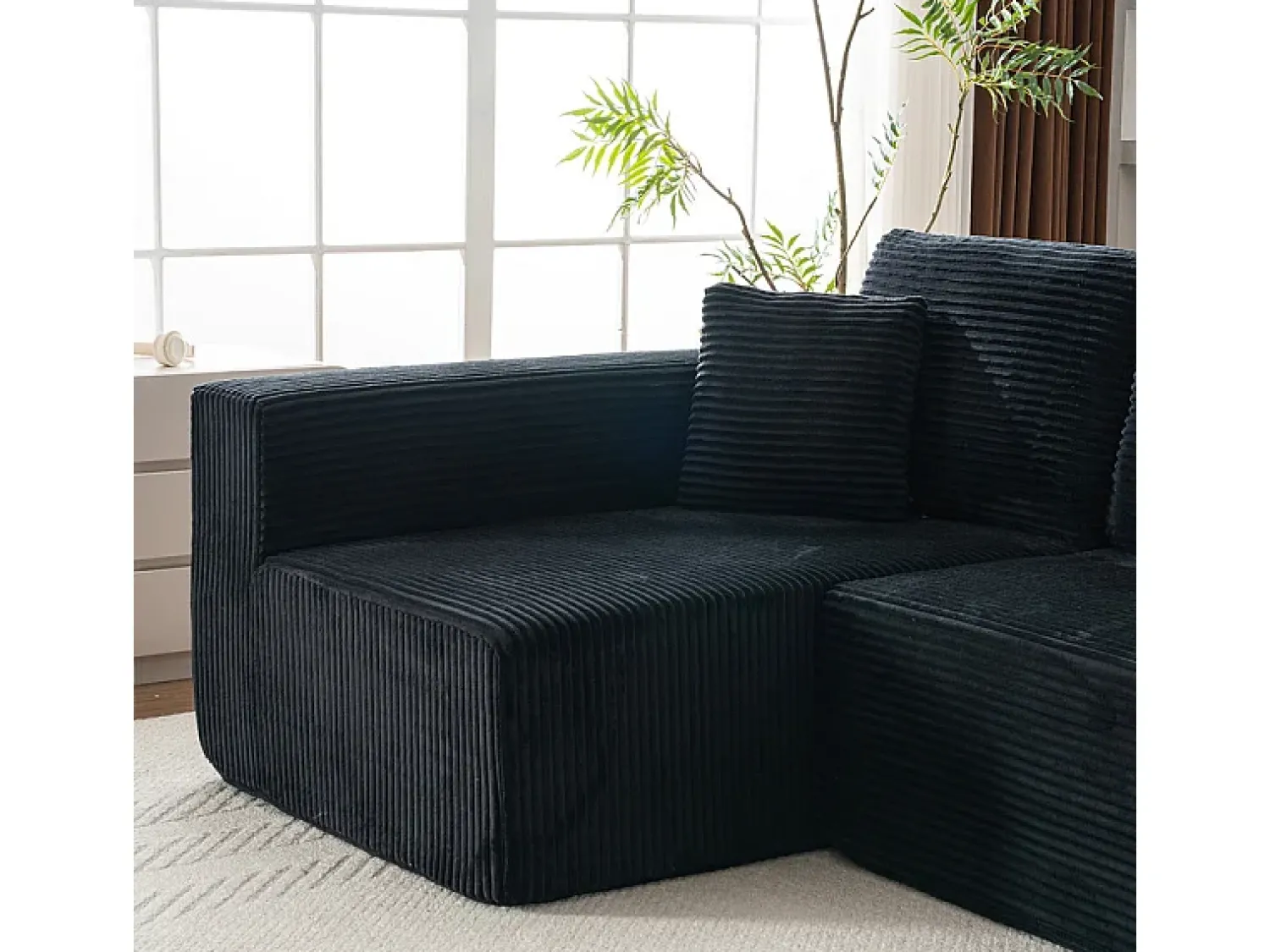 Sale DripeX Sofá 3 lugares canto esquerdo modular - Veludo canelado - 2 travesseiros, chaise - 258x155x89cm Preto