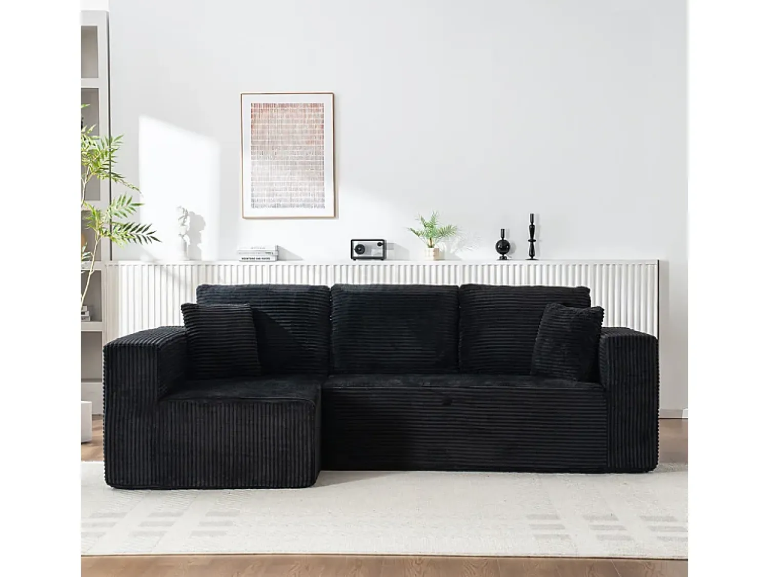 Sale DripeX Sofá 3 lugares canto esquerdo modular - Veludo canelado - 2 travesseiros, chaise - 258x155x89cm Preto