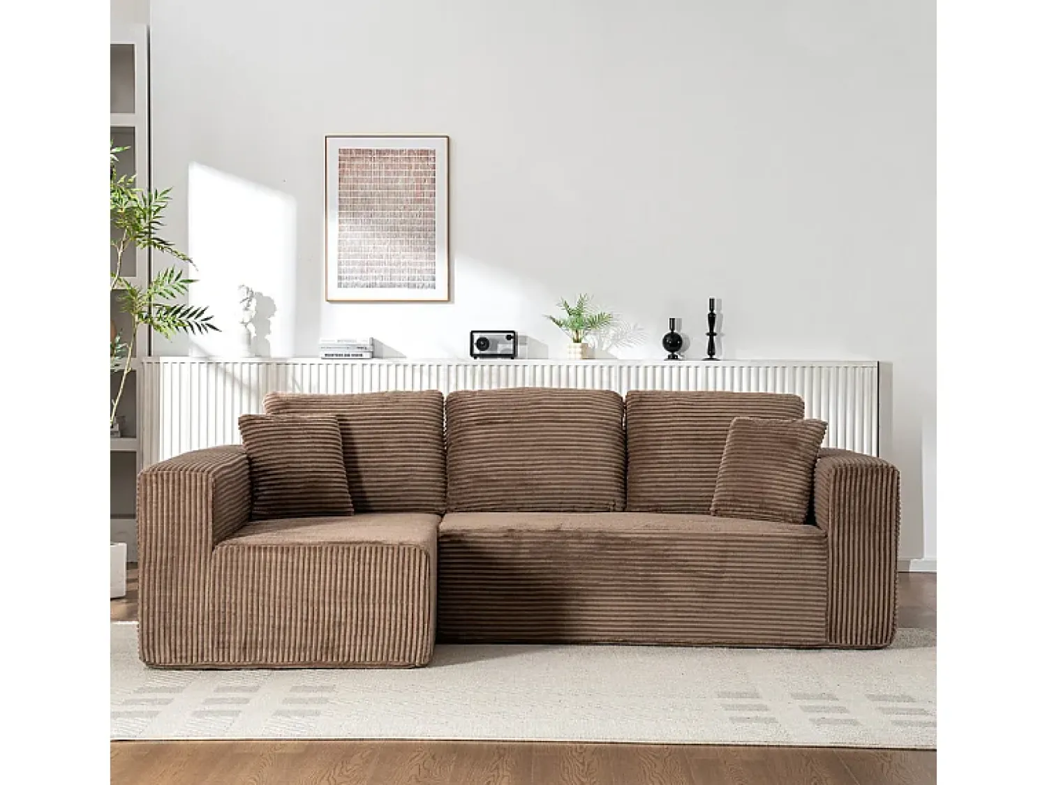 DripeX Sofá 3 lugares canto esquerdo modular - Veludo canelado - 2 travesseiros, chaise - 258x155x89cm^ Sofá