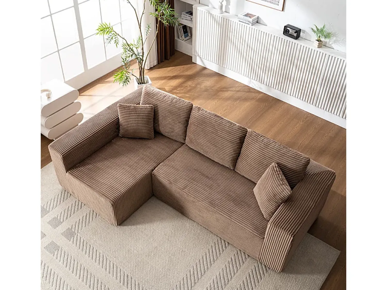 DripeX Sofá 3 lugares canto esquerdo modular - Veludo canelado - 2 travesseiros, chaise - 258x155x89cm^ Sofá