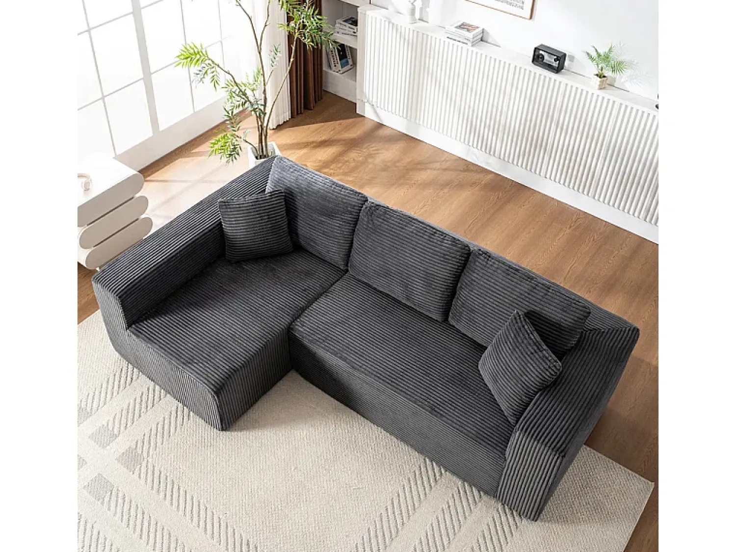 DripeX Sofá 3 lugares canto esquerdo modular - Veludo canelado - 2 travesseiros, chaise - 258x155x89cm^ Sofá