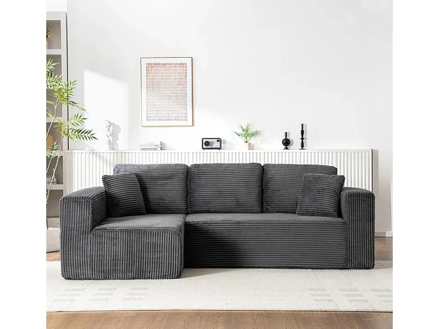 DripeX Sofá 3 lugares canto esquerdo modular - Veludo canelado - 2 travesseiros, chaise - 258x155x89cm^ Sofá
