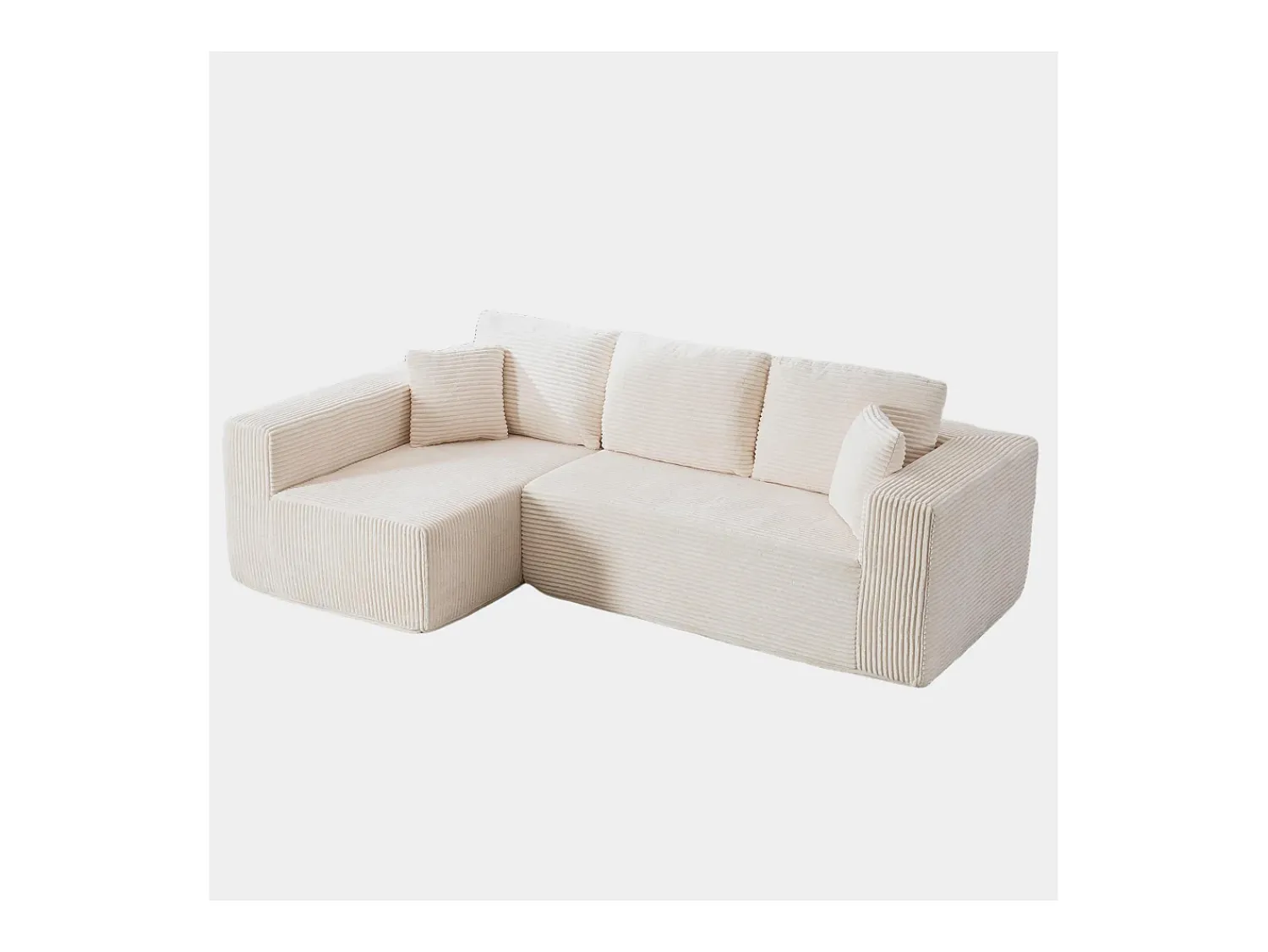 Sofá*DripeX Sofá 3 lugares canto esquerdo modular - Veludo canelado - 2 travesseiros, chaise - 258x155x89cm Bege