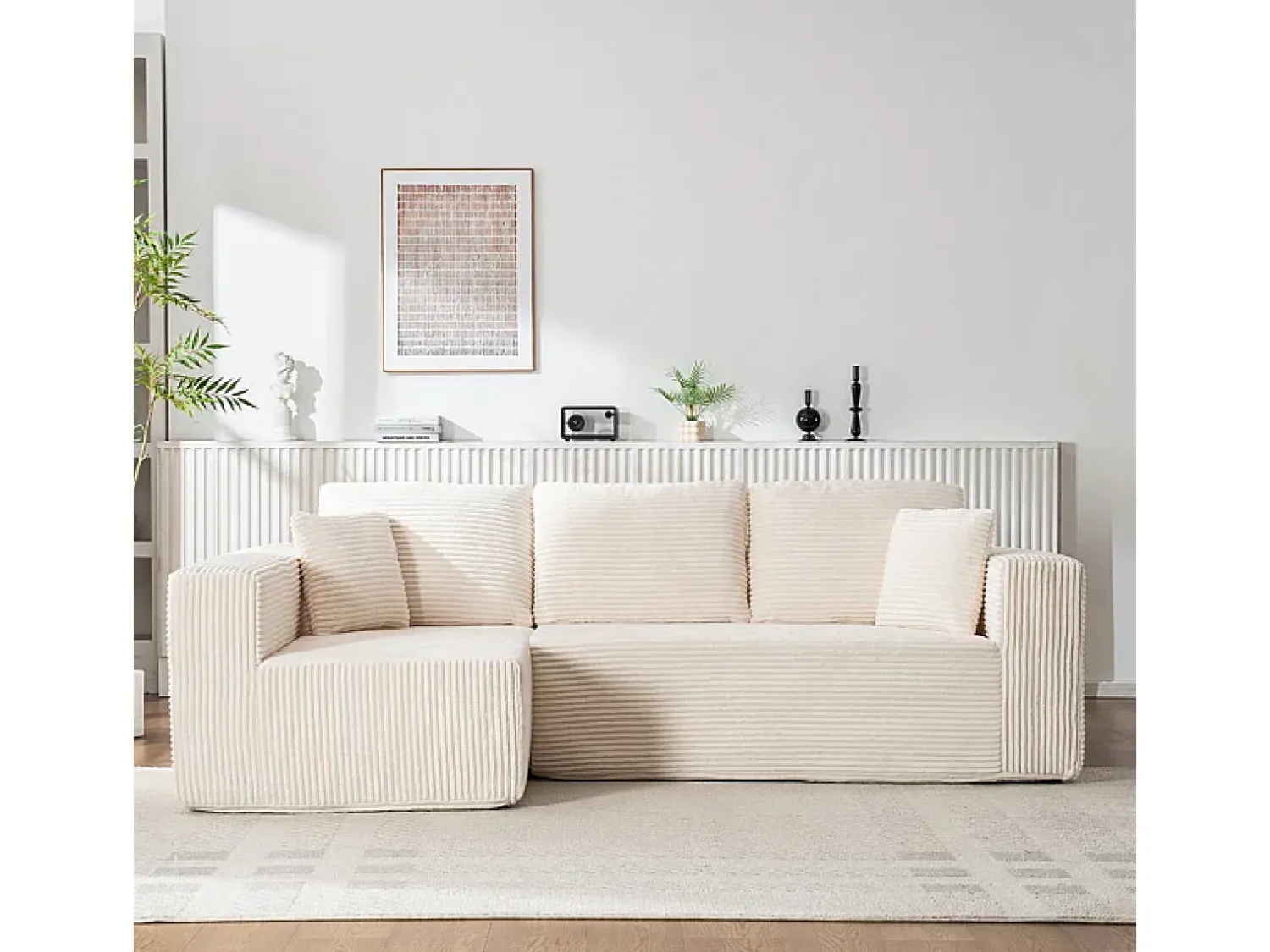 Sofá*DripeX Sofá 3 lugares canto esquerdo modular - Veludo canelado - 2 travesseiros, chaise - 258x155x89cm Bege