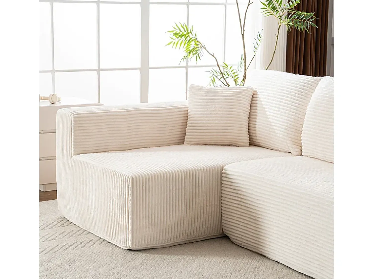 Sofá*DripeX Sofá 3 lugares canto esquerdo modular - Veludo canelado - 2 travesseiros, chaise - 258x155x89cm Bege