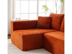 DripeX Sofá 3 lugares canto esquerdo modular - Veludo canelado Laranja - 2 travesseiros, chaise - 258x155x89cm^ Sofá