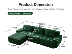 Sofá*DripeX Sofá 3 lugares Canto Modular em Veludo cotelê, com puff e 3 almofadas, 293x177x69cm, Verde