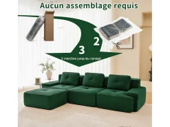 Sofá*DripeX Sofá 3 lugares Canto Modular em Veludo cotelê, com puff e 3 almofadas, 293x177x69cm, Verde