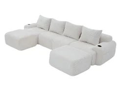 DripeX Sofá 4 lugares canto modular veludo canelado, 2 pufes e 4 almofadas, 333x174x80cm,^ Sofá