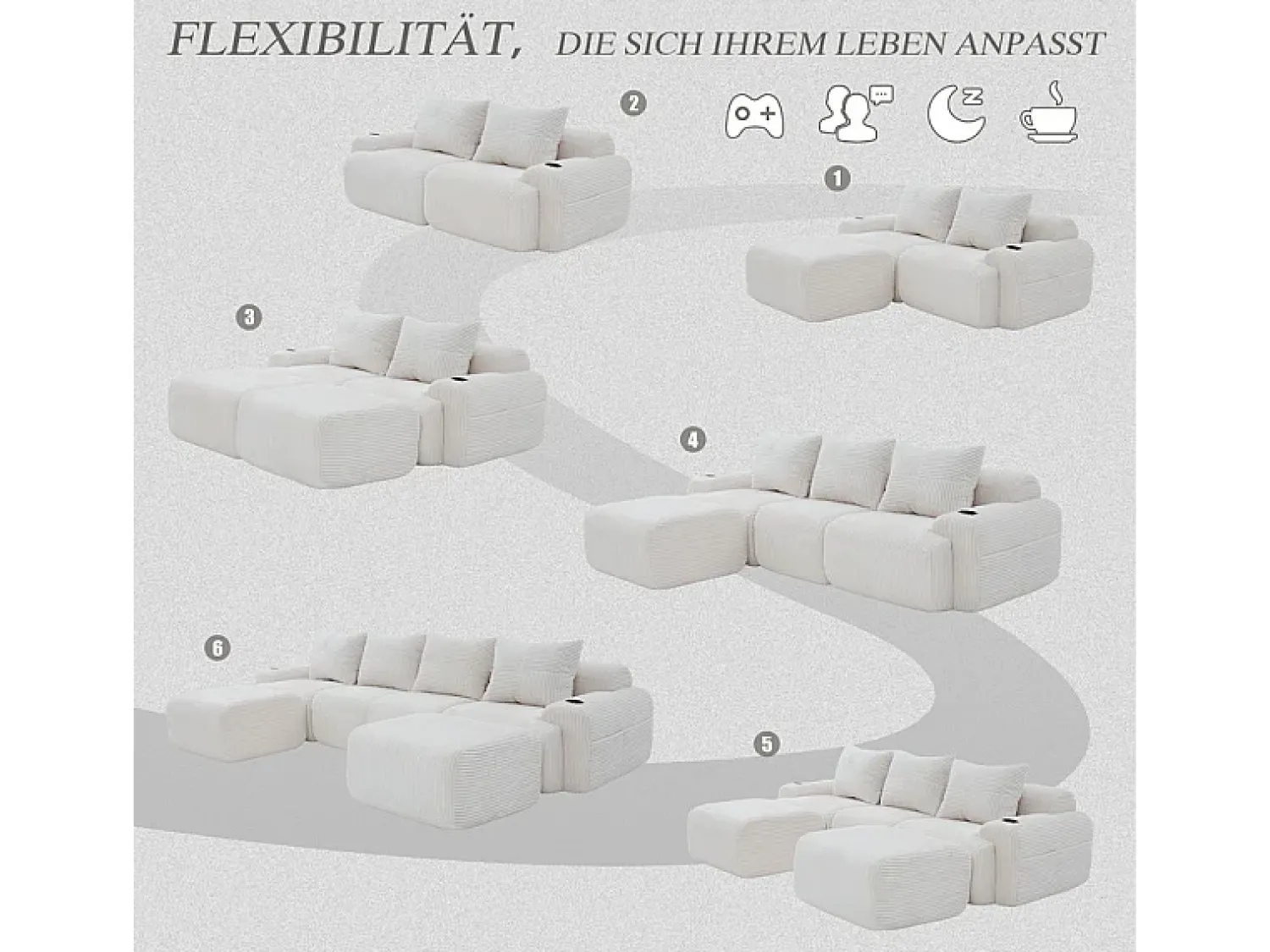 DripeX Sofá 4 lugares canto modular veludo canelado, 2 pufes e 4 almofadas, 333x174x80cm,^ Sofá