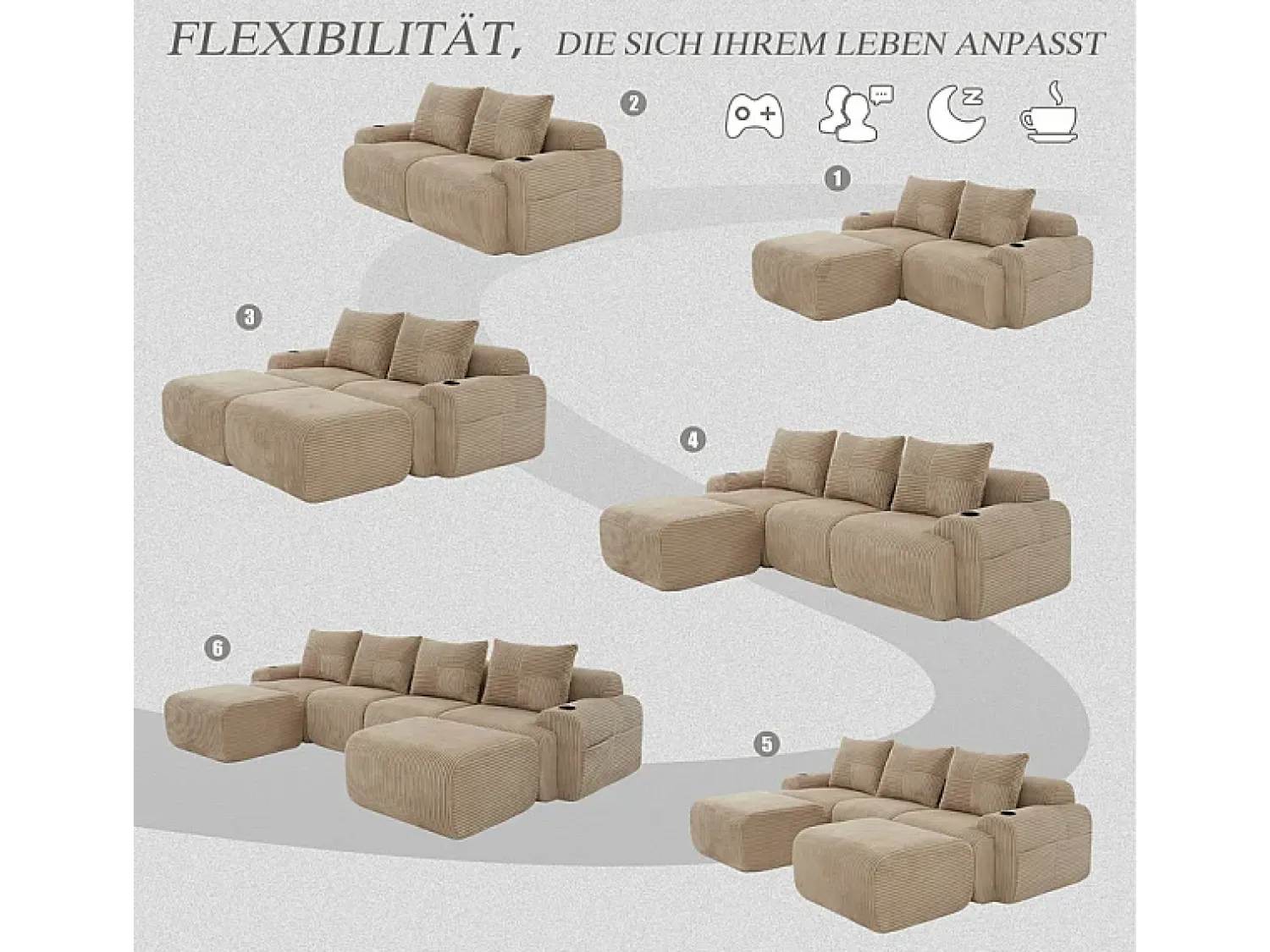 Sale DripeX Sofá 4 lugares canto modular veludo canelado, 2 pufes e 4 almofadas, 333x174x80cm, Cáqui Caqui