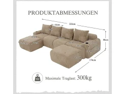 Sale DripeX Sofá 4 lugares canto modular veludo canelado, 2 pufes e 4 almofadas, 333x174x80cm, Cáqui Caqui