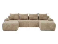 Sale DripeX Sofá 4 lugares canto modular veludo canelado, 2 pufes e 4 almofadas, 333x174x80cm, Cáqui Caqui