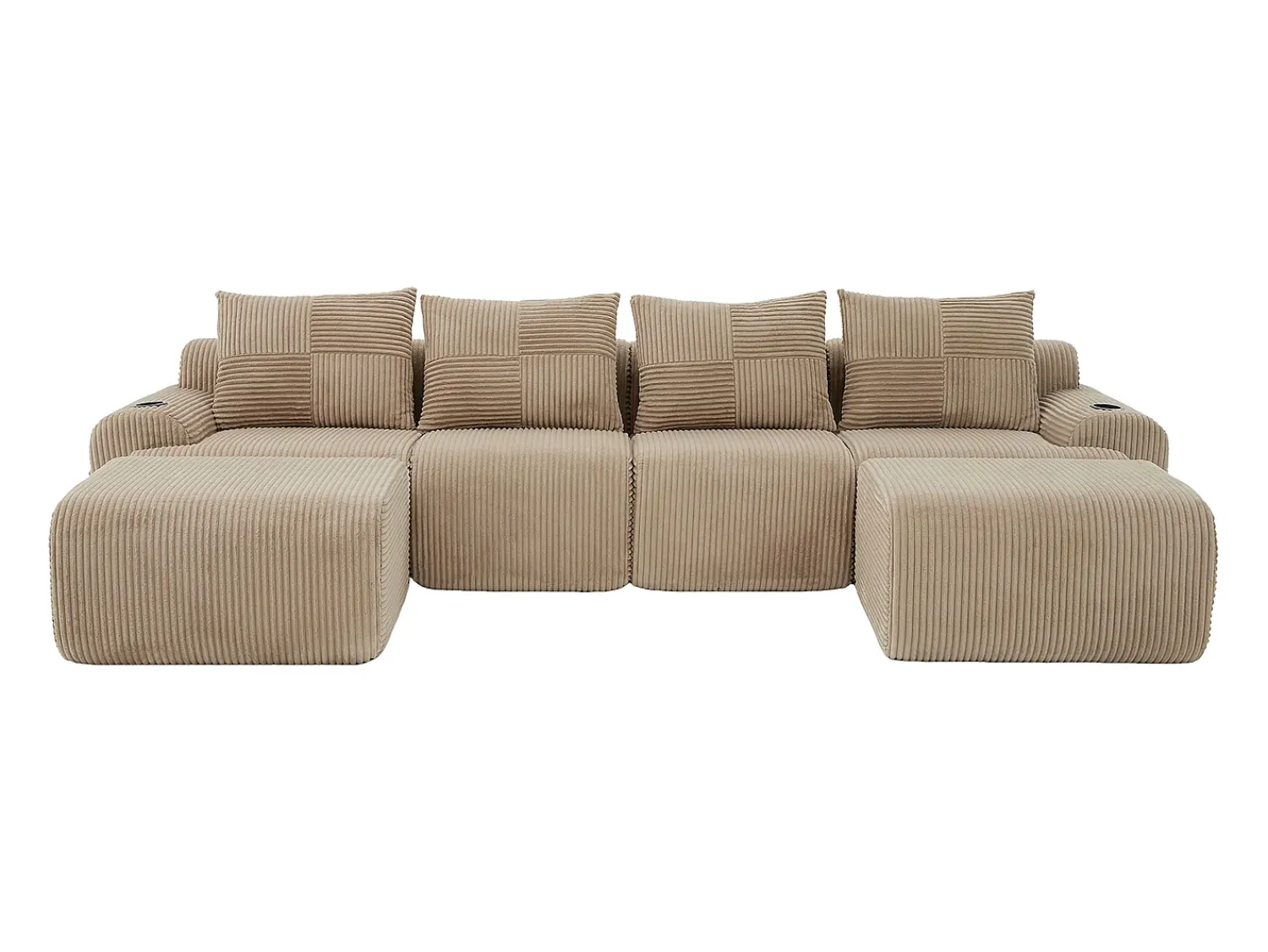 Sale DripeX Sofá 4 lugares canto modular veludo canelado, 2 pufes e 4 almofadas, 333x174x80cm, Cáqui Caqui