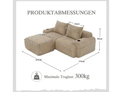 Sofá*DripeX Sofá 2 lugares canto modular veludo canelado, pufe, porta-copos e bolso, 200x174x80cm, Cáqui Caqui
