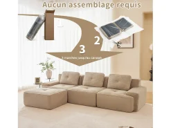 DripeX Sofá 3 lugares Canto Modular em Veludo cotelê, com puff e 3 almofadas, 293x177x69cm, Bege