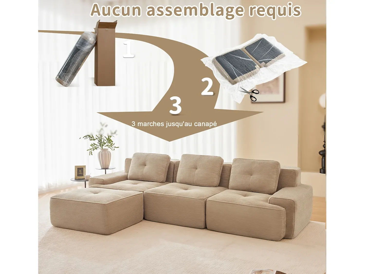 DripeX Sofá 3 lugares Canto Modular em Veludo cotelê, com puff e 3 almofadas, 293x177x69cm, Bege