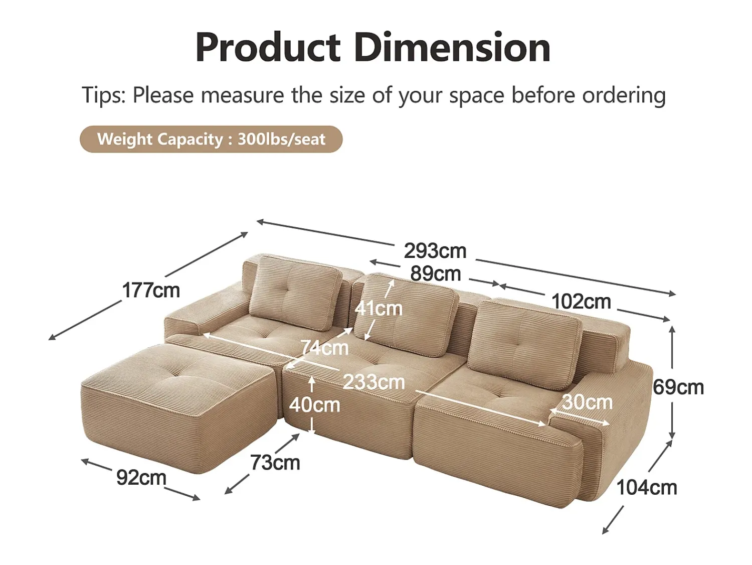 DripeX Sofá 3 lugares Canto Modular em Veludo cotelê, com puff e 3 almofadas, 293x177x69cm, Bege