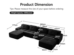 DripeX Sofá 4 lugares Canto Modular em Veludo cotelê, com 2 puffs e 4 almofadas, 382x177x69cm,^ Sofá