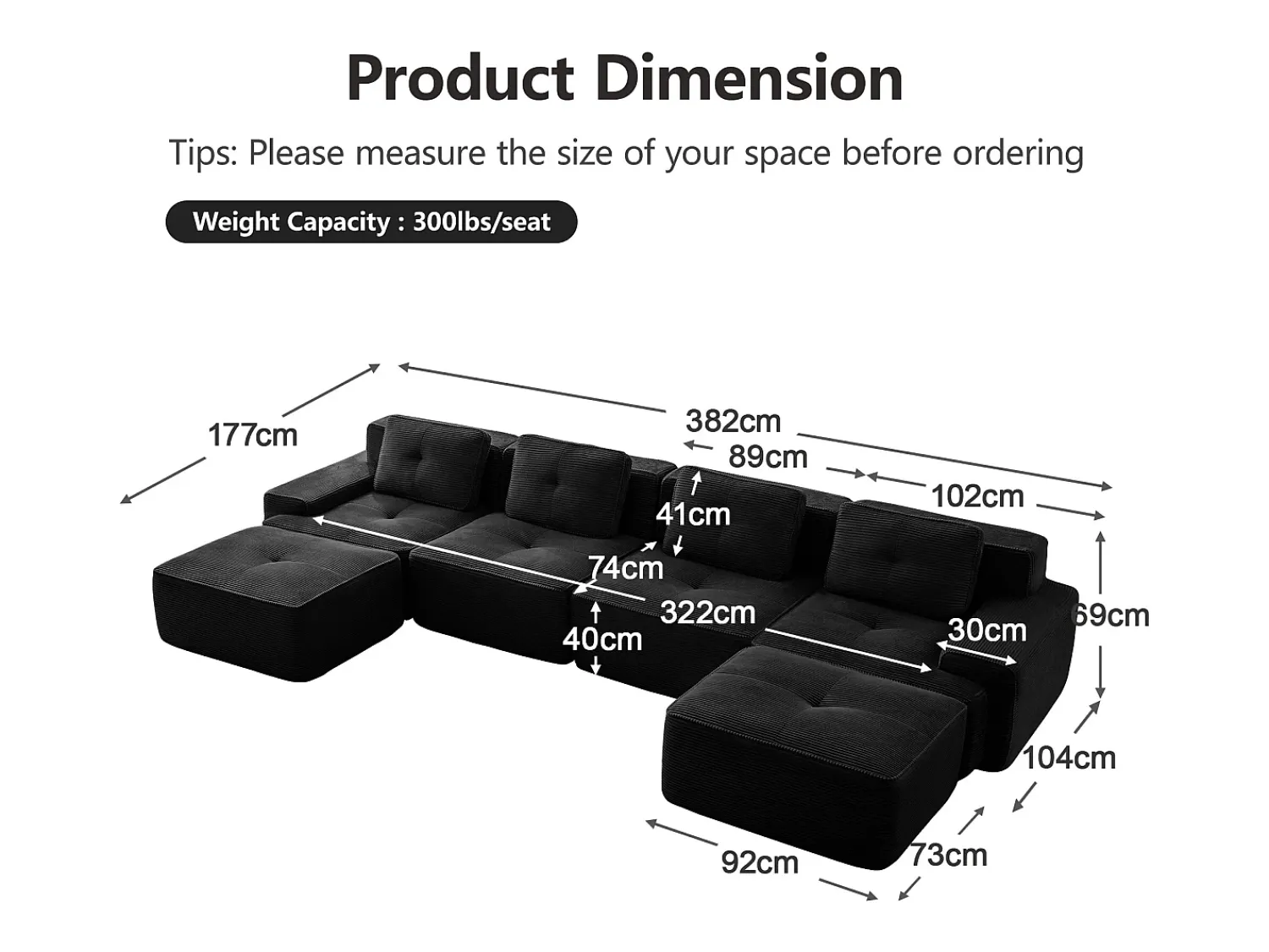 DripeX Sofá 4 lugares Canto Modular em Veludo cotelê, com 2 puffs e 4 almofadas, 382x177x69cm,^ Sofá