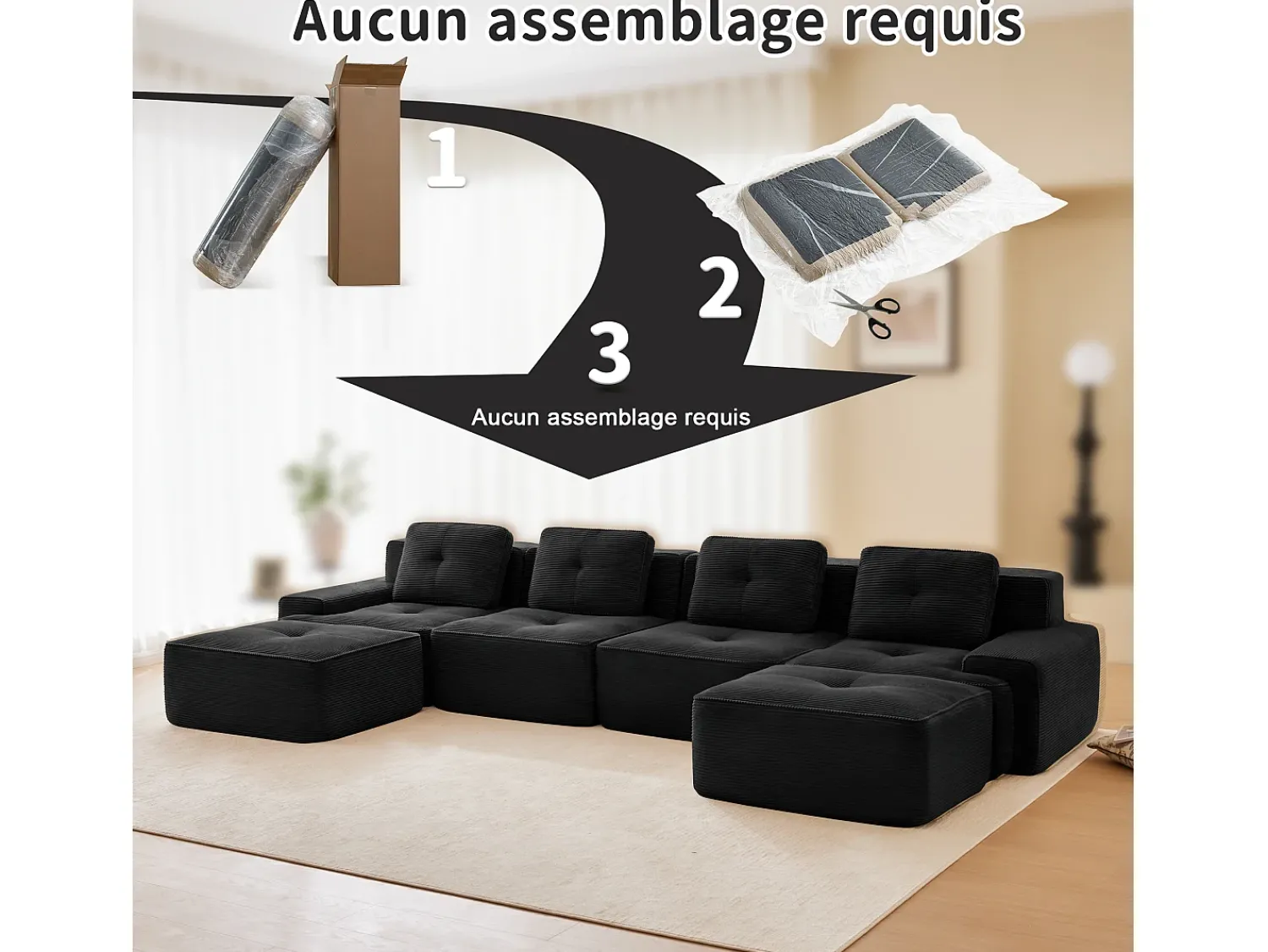 DripeX Sofá 4 lugares Canto Modular em Veludo cotelê, com 2 puffs e 4 almofadas, 382x177x69cm,^ Sofá