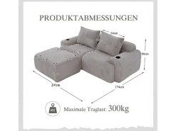 DripeX Sofá 2 lugares canto modular veludo canelado, pufe, porta-copos e bolso, 200x174x80cm,^ Sofá