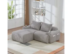DripeX Sofá 2 lugares canto modular veludo canelado, pufe, porta-copos e bolso, 200x174x80cm,^ Sofá