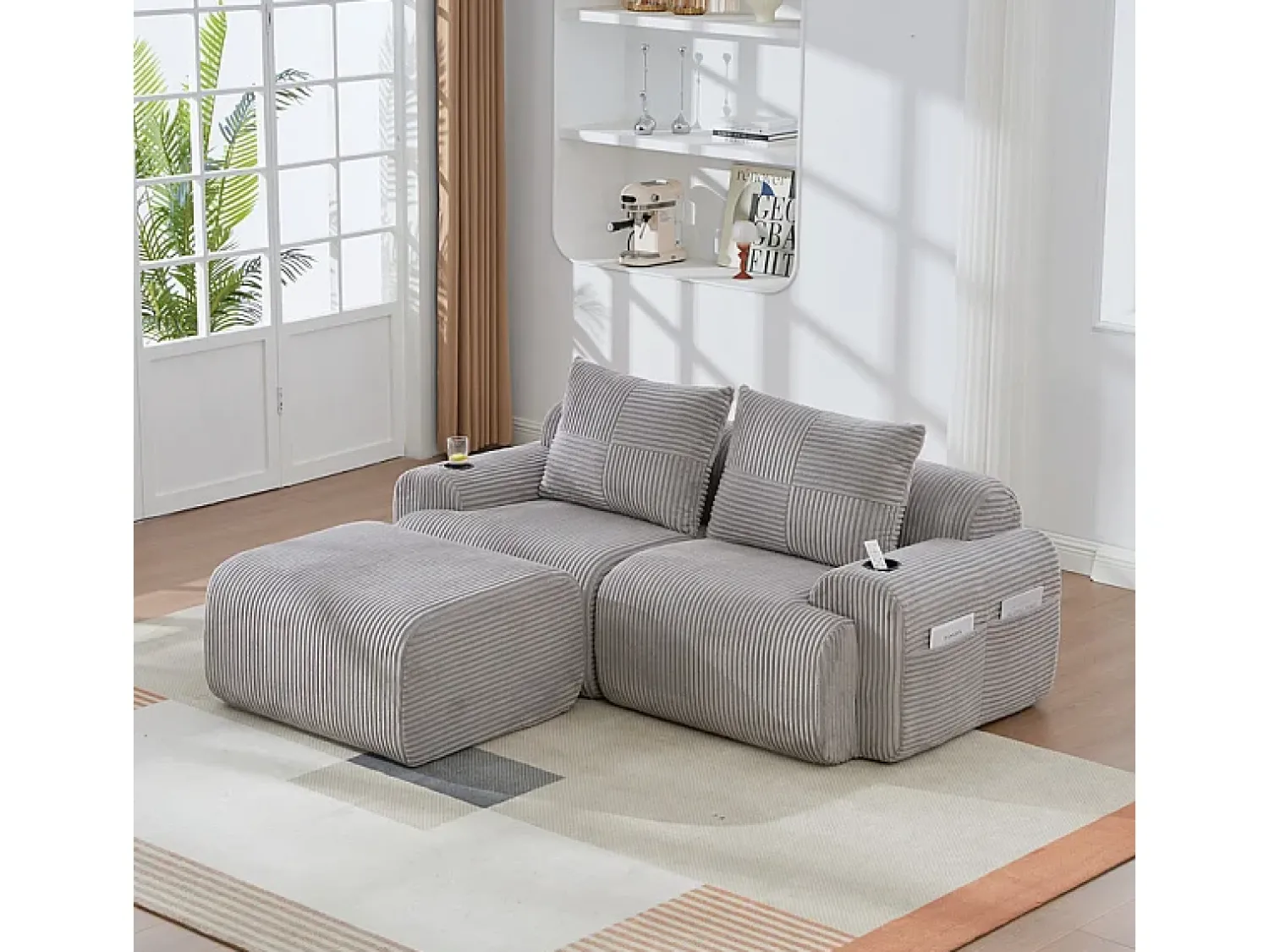 DripeX Sofá 2 lugares canto modular veludo canelado, pufe, porta-copos e bolso, 200x174x80cm,^ Sofá