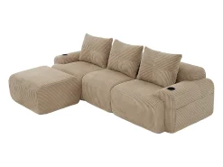 Sofá*DripeX Sofá 3 lugares canto modular veludo canelado, pufe, porta-copos e bolso, 268x174x80cm, Cáqui Caqui