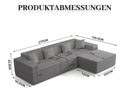 DripeX Sofá 3 lugares canto modular - Veludo canelado - pufe e 4 travesseiros - 277x165.5x65.5cm^ Sofá