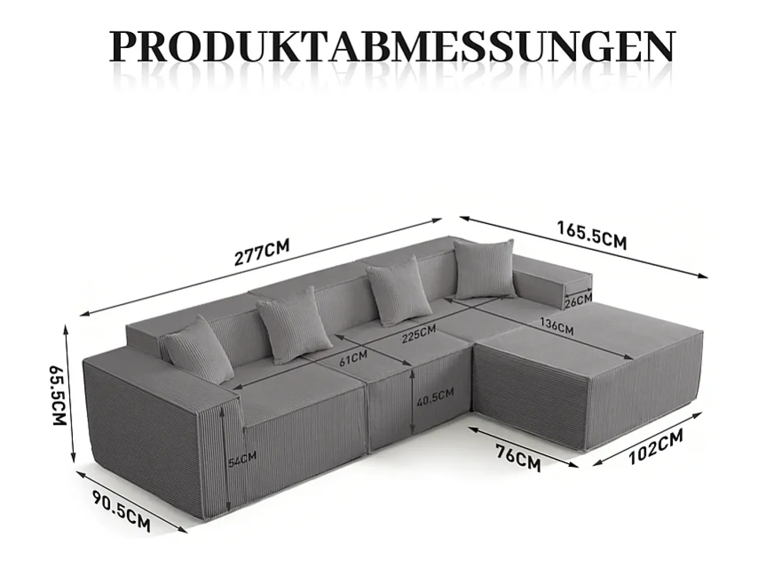 DripeX Sofá 3 lugares canto modular - Veludo canelado - pufe e 4 travesseiros - 277x165.5x65.5cm^ Sofá
