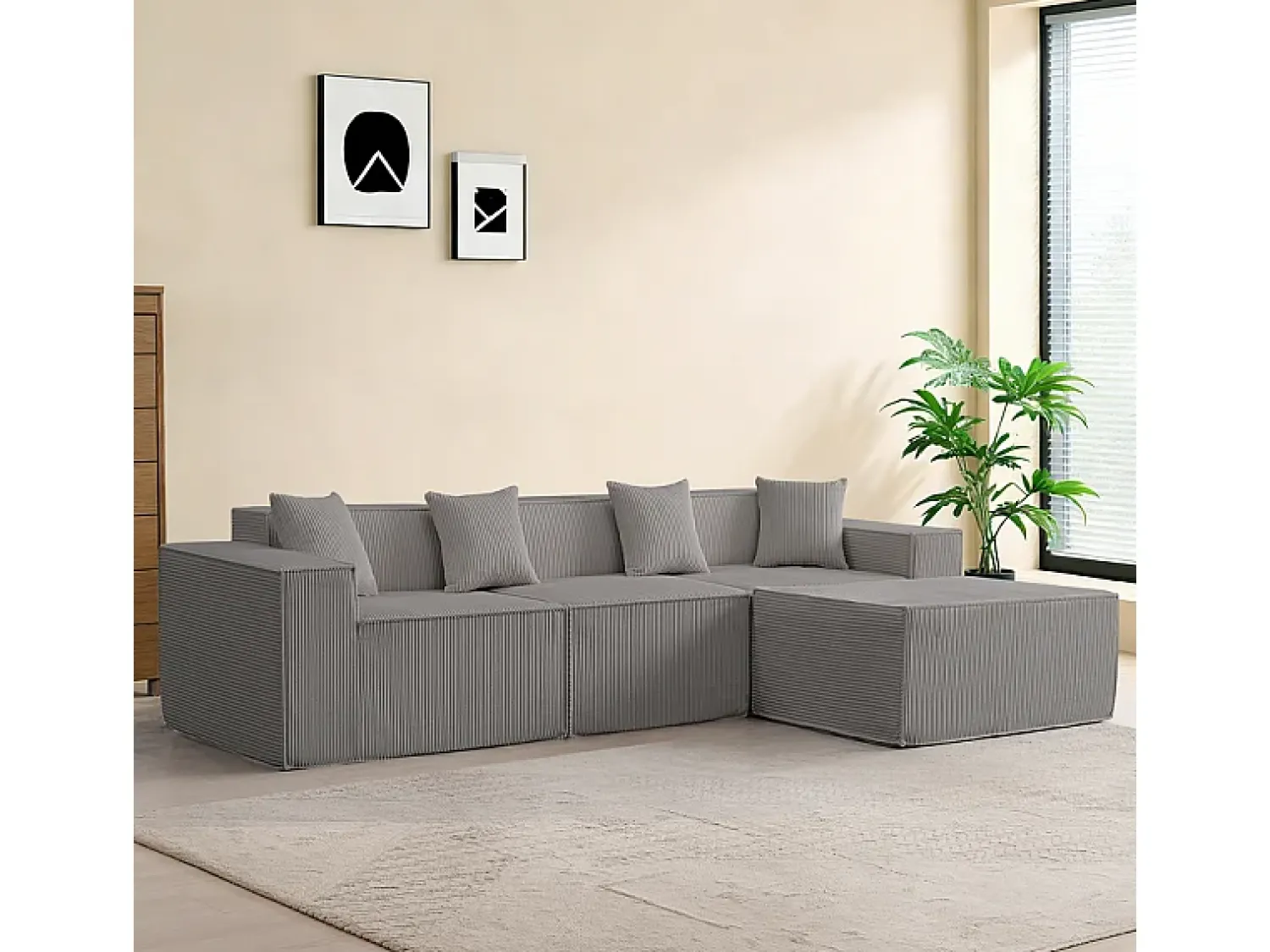 DripeX Sofá 3 lugares canto modular - Veludo canelado - pufe e 4 travesseiros - 277x165.5x65.5cm^ Sofá