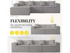 DripeX Sofá 3 lugares canto modular - Veludo canelado - pufe e 4 travesseiros - 277x165.5x65.5cm^ Sofá