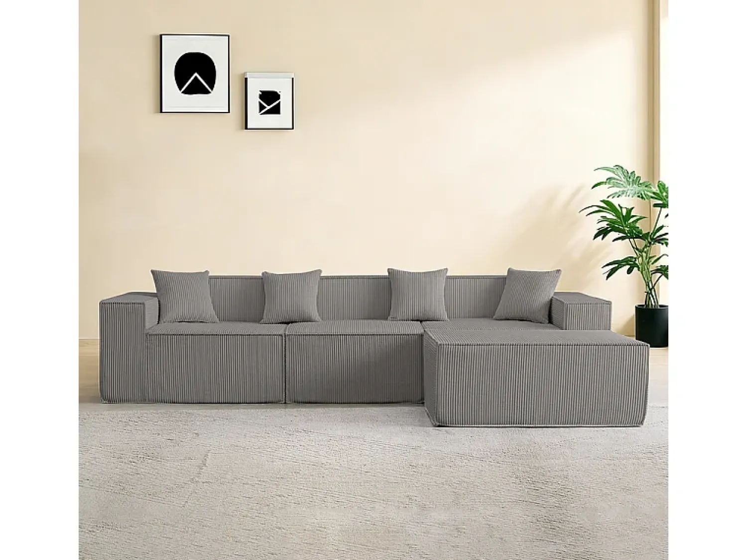 DripeX Sofá 3 lugares canto modular - Veludo canelado - pufe e 4 travesseiros - 277x165.5x65.5cm^ Sofá