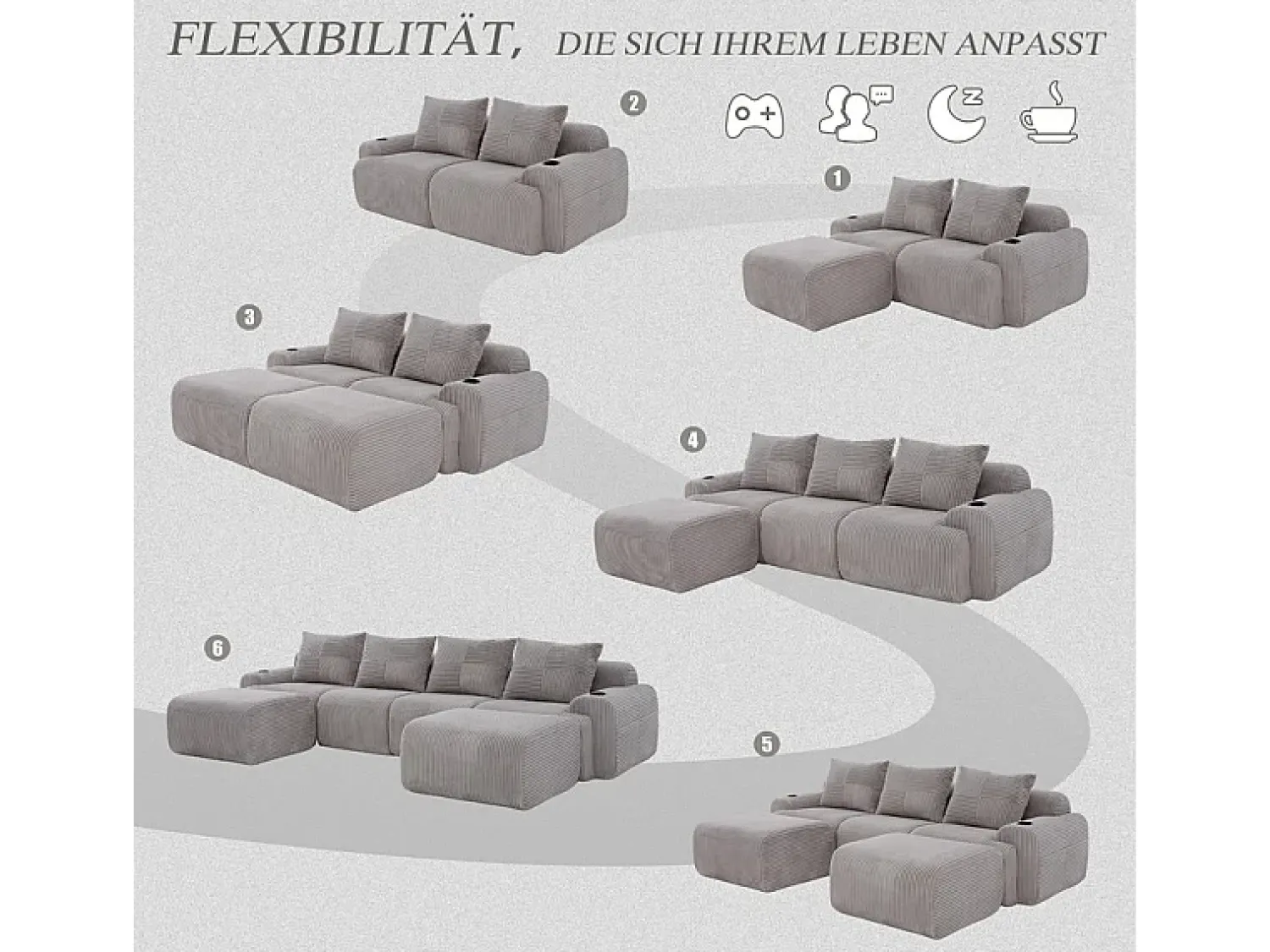 Sofá|DripeX Sofá 4 lugares canto modular veludo canelado, 2 pufes e 4 almofadas, 333x174x80cm, Cinzento claro